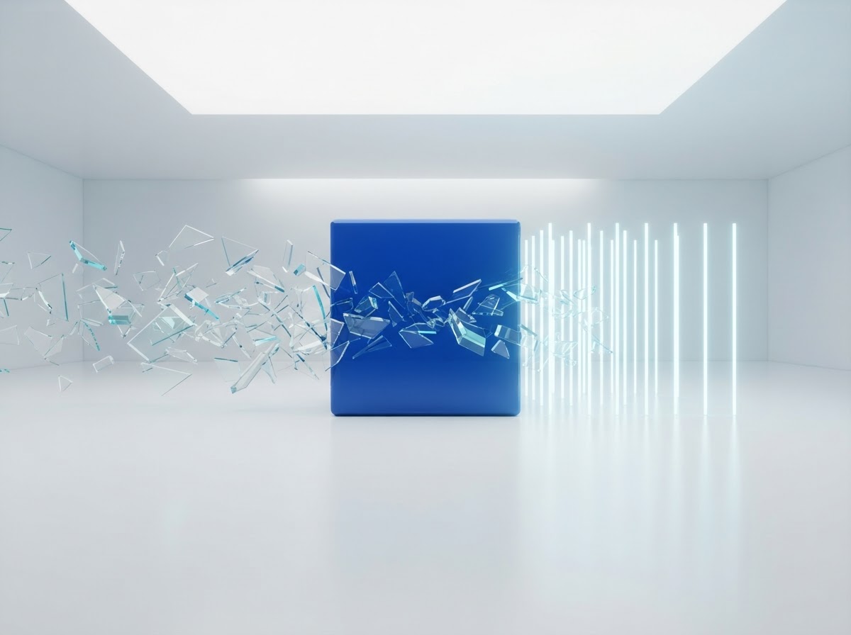Cubo azul que absorbe fragmentos dispersos y emite líneas de luz ordenadas